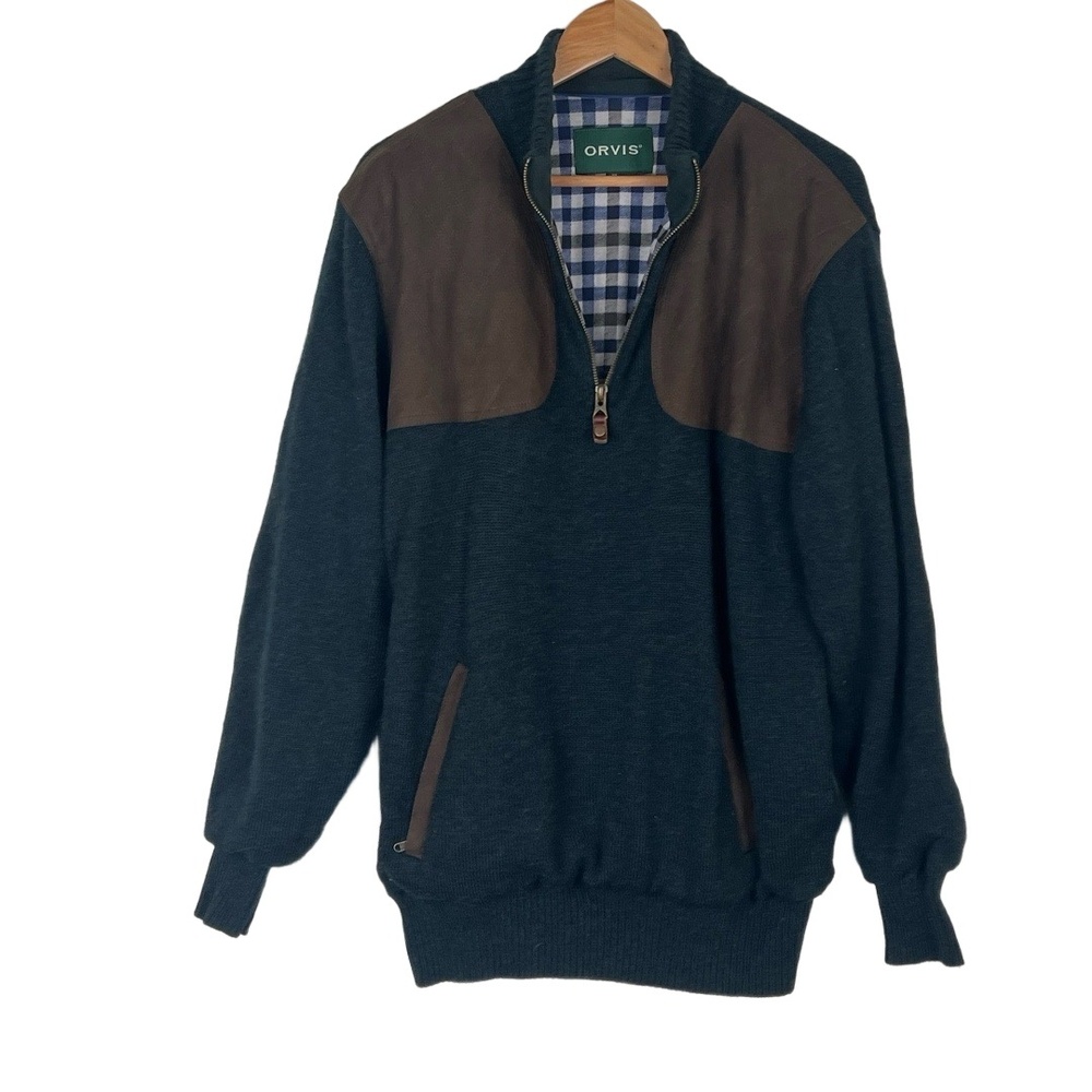 Orvis Mens Quarter‎ Zip Sweater Medium Green Faux Suede Patches Outdoorsy Wool - Picture 4 of 10